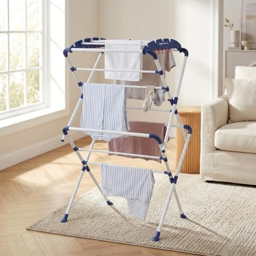 Image of AmazonBasics Clothes Stand for Drying | Foldable & Portable | 13 Hanger Rods and 10 Additional Hooks | Anti Rust Mild Steel