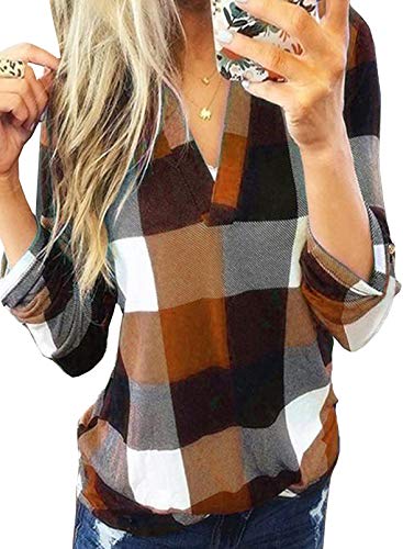 Aleumdr Damen Elegant Bluse Kariertes Hemd Blusen Damen V-Ausschnitt Oberteile Damen Sommer Herbst Tunika Blusenshirt Langarm Business Blusen Tops für Damen Vintage Sweatshirt,Orange XXL Cover