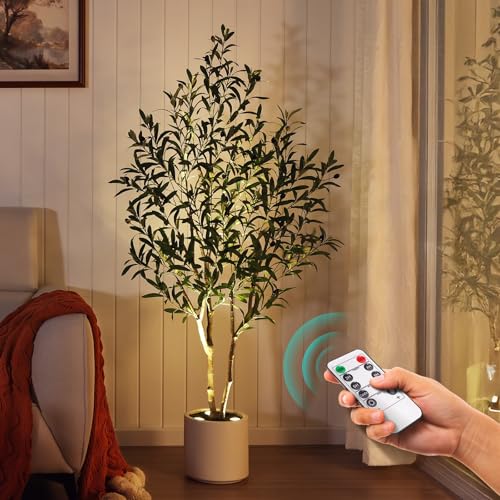 Verinatural Artificial Olive Tree Faux Plants Indoor - 5FT Tall Fake Tree with Remote LED...
