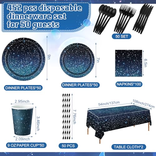 Image of Funnymoom 452 Pcs Galaxy Party Decorations for 50, Starry Night Theme Paper Plates Napkins Cups Tablecloth Cutlery Straws for Outer Space Theme Birthday Bridal Baby Shower Party Decorations Supplies