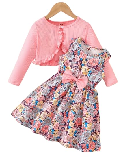 Image of Niren Enterprise Girl's Cotton Jacket Pair Floral Printed Sleeveless Dress