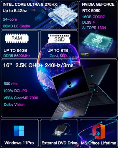 Image of Alienware 16 Area 51 Gaming Laptop, NVIDIA RTX 5080 16GB GDDR7, Intel Ultra 9 275HX, 16 inch QHD+ 240Hz 500 nit Display, Win11 Pro, AlienFX RGB KB, External DVD Drive(64GB DDR5 | 8TB SSD)
