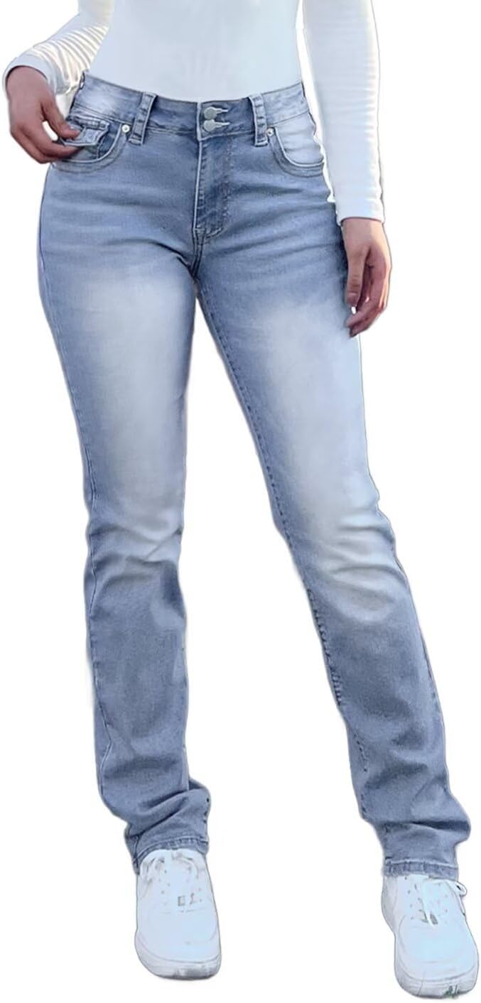 Flamingals Bootcut Jeans for Women Stretchy Mid Rise Double Button Wash Solid 90s Straight Leg Jeans