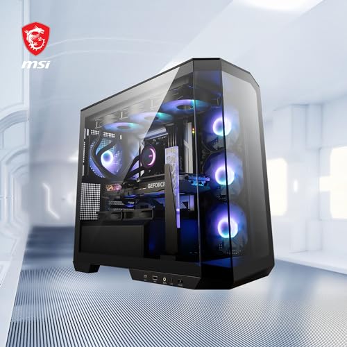MSI MAG PANO M100R PZ Boîtier PC Micro-ATX, 4 x Ventilateurs ARGB 120 mm (3 à pâles inversées), hub de contrôle ARGB, Support pour Carte Graphique, filtres à poussière, USB Type-C (20 GB/s)