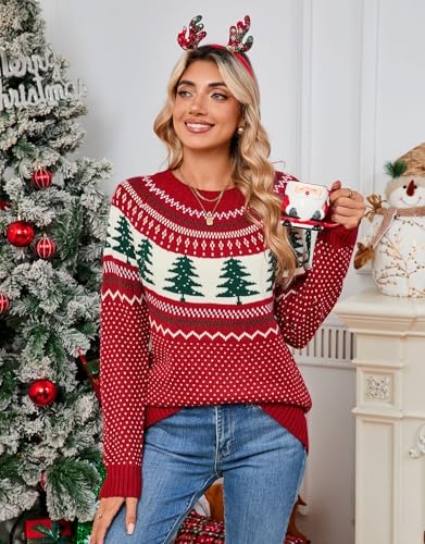 Image of Women's Fair Isle Sweater Crew Neck Long Sleeve Heart Sweater Vintage Tops