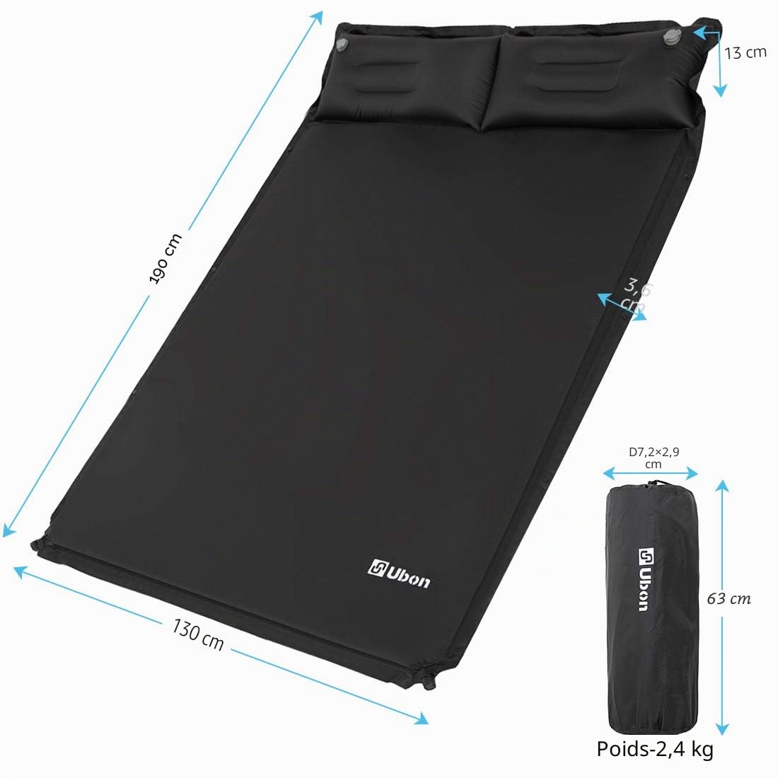 Ubon Matelas de Randonnée Autogonflants Camping Double Gonflable Automatique avec Oreillers d'air Confortable pour 2 Personnes 3.6cm Matelas de Camping en Mousse Portable et Léger