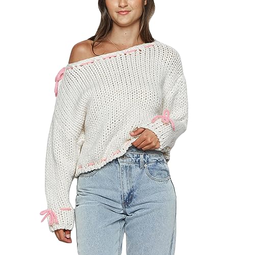 Women's Chunky Knit Off Shoulder Sweater Casual Long Sleeve Oversized Pullover Jumper Top Y2K Fashion Sweater