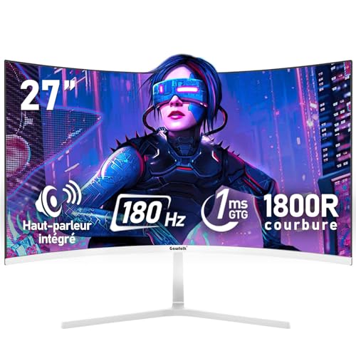 Gawfolk Écran PC 27 Pouces incurvé 180Hz Gaming Computer Moniteur, 1800R,1ms,FHD 1080p, 178 ° Grand Angle,Haut-Parleur intégré, HDMI、VGA,Compatible avec Montage...