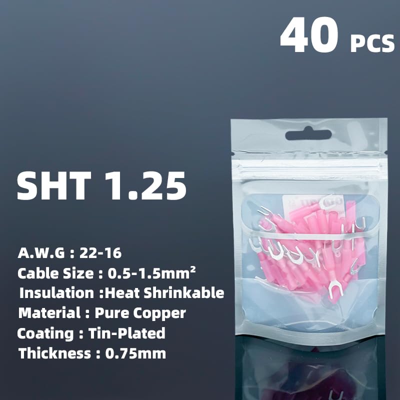 POWTAXBJGD Waterproof Heat Shrink Insulated Fork Terminal Block Electrical Wire Spade Crimping Connector AWG22-10 0.5-6.0mm U Type Terminal(40Pcs SHT1.25 Red,M4 Bolt Hole)