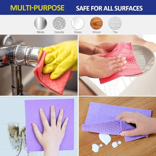 Image of RECLUSE Reusable Kitchen Cleaning Cellulose Sponge Cloths Absorbent Wipes Clean Kitchen Car Dish Eco-Friendly Dishcloth Hand Towel Auto, Assorted Colours, No-Odor Dish Rag for Home (Pack - 3)