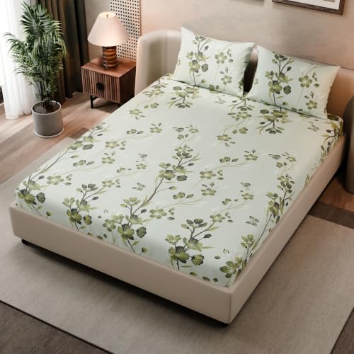 Image of BLISSHOME SoftTouch 140TC Cotton King Size Fitted Bedsheet with 2 Pillow Covers, Silky Smooth Bedding Set, Breathable, Easy Maintain, Floral Print - Green (182cm x 198cm x 25cm Drop)