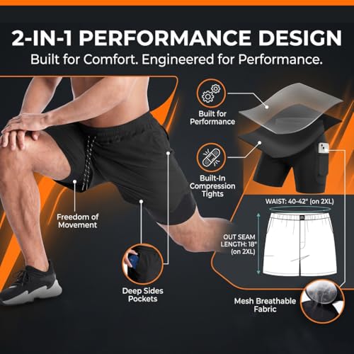 Image of Men's 2 in 1 Active Dual Shorts with Inner Tights | Double Layer Gym Shorts | Running, Training & Sports Shorts with Pocket Plus Size (S to 6XL)