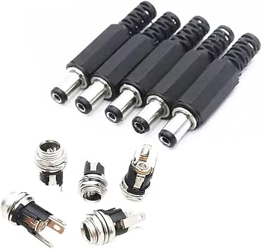 5.5mm x 2.5mm Male DC Power Plug Solder Power Socket Connector and Screw Lock Female Panel Socket Mounting Adapter, 5 Sets