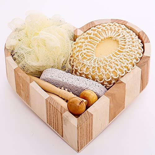 Gift Set for Women & Men for Bath & Body Care - Gift Hamper for At Home Shower & Spa - Wooden Heart Box with Body & Foot Massager, Pumice Stone, Bamboo Hair Detangling Brush, Loofah, Body Sponge Hemp - 1 Set