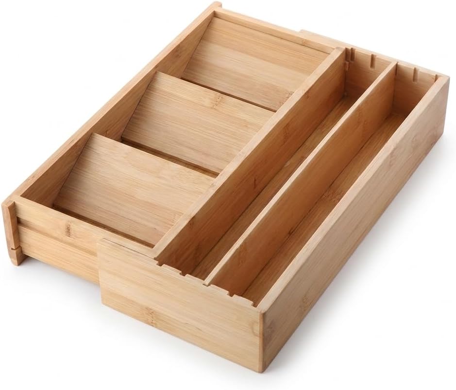Deconox Ayarlanabilir Bambu Kaşıklık ve Çekmece İçi Organizer - 5-7 Bölmeli Genişleyebilir Çatal Bıçak Düzenleyici (39.4 x 24 x 6.4 cm)