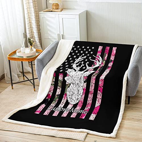 Camo Deer Custom Throw Blanket With Name Throw 50"X60",Personalized American Flag Hunting Customized Fleece Bed Blanket Gifts For Kids Girls Women,Pink Camouflage Woodland Animal Blankets For Couch #TOP1