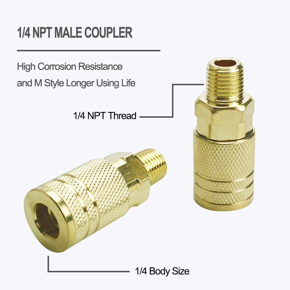 10 Piece Male Air Coupler Fittings, 1/4-Inch NPT Thread and Body Size of Quick Connect Air Tools, Industrial M Style Coupler with Brass Finish for Quickly and Safely Disconnect Air Hose