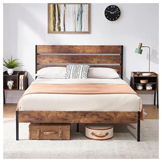 VECELO Platform Full Bed Frame with Rustic Vintage Wood Headboard, Mattress Foundation, Strong Metal Slats Support, No Box Spring Needed