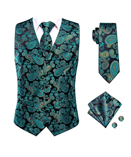 Dubulle Green Teal Paisley Vest And Tie Set For Men Silk Mens Green Black Paisley Suit Vest Waistcoats Neckties #TOP7
