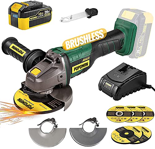Brushless Cordless Angle Grinder 20V, POPOMAN 5 Inch 10000RPM Cordless Grinder, 4.0Ah Lithium-ion Battery & Fast Charger, 3-Position Auxiliary Handle, 5 x Cutting Wheel & Grinding Wheel, 2 x Guard