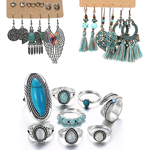 Aroncent 26PCS Schmuck Set für Damen Mädchen Vintage böhmischen Ohrring mit Kreise Wassertropfen Quasten Blätter Türkis, Sonne Mond Halskette, Türkis Ring (9 Paar Ohringe + 8 Ringe) Cover