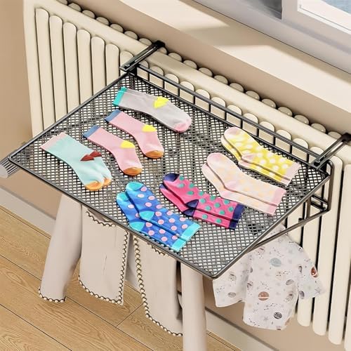 Radiator Clothes Airer, Over Radiator Towel Rail Hanger, 2-in-1 Drying Net and Clothes Hook with Adjustable Arms（White,45cm）