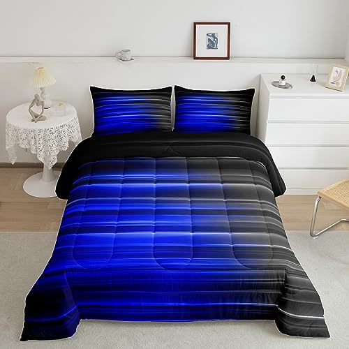Image of Feelyou Abstract Ombre Bedding Set King Size, Blue and Grey Comforter Set Kids Toddler Geometric Abstract Ombre Comforter Gradient Lines Duvet Set Breathable Bed Set 3Pcs