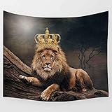 Simsant Lion King Tapestry Lion Wall Tapestry Wearing a Crown Lioness Wall Hanging Rug(80x60inches)