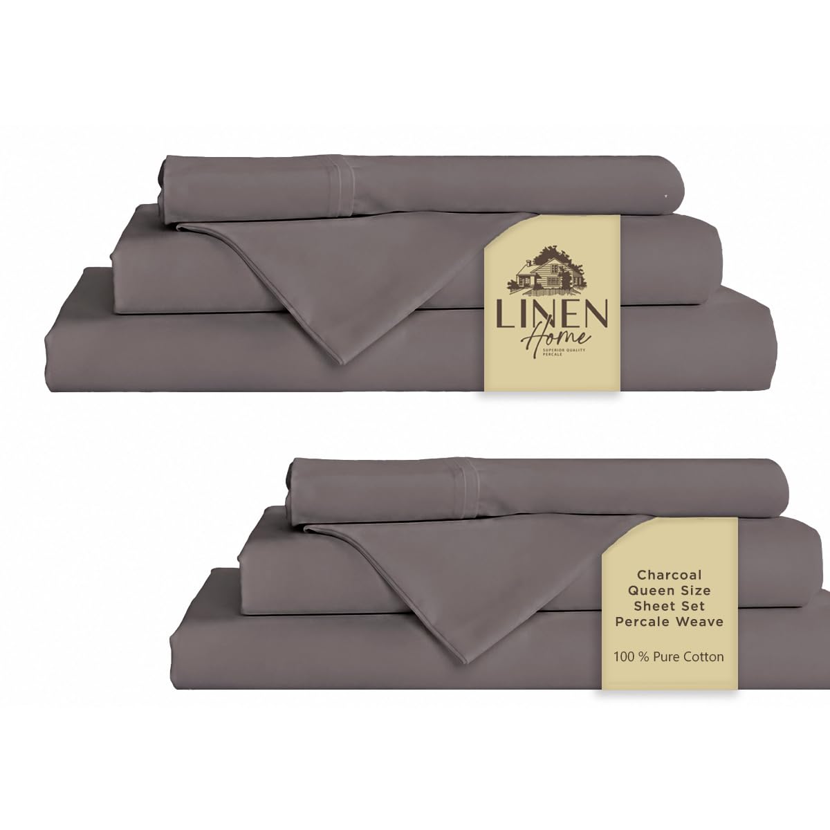 Linen Home 2-Pack Queen Sheet Set, 100% Cotton Percale Bedding, 8-Piece Value Bundle, Deep Pocket Cooling Bed Sheets for Hot Sleepers, Breathable &amp; Crisp Hotel Quality, Long-Staple Cotton, Charcoal