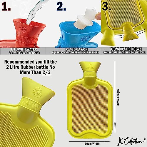 Pack of 3 Hot Water Bottles - Natural Rubber 2 Litre Capacity - 3 Colours in Pack (Red, Yellow and Blue) - Image 3