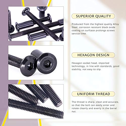 Swpeet 120Pcs M6x35mm/45mm/55mm/65mm/75mm Carbon Steel Black Hex Drive Socket Cap Bolts Barrel Nuts Kit with 1Pcs Allen Wrench - Image 3