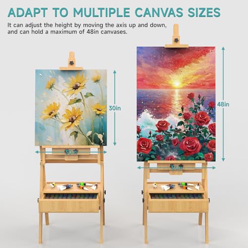 حامل للرسم والعرض، حامل خشبي كبير باطار على شكل حرف H مع درج تخزين، حامل رسم فني قابل للطي والتعديل للبالغين والطلاب، يحمل القماش حتى 48 انش