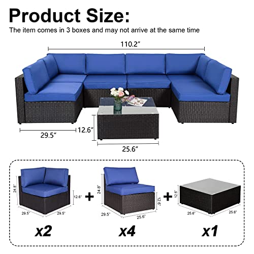 Kinbor 7 Piece Patio Furniture Set - Outdoor Pe Rattan Sectional Sofa, Wicker Conversation Set With Washable Cushions And Coffee Coffee Table For Porch, Poolside, Deck, Backyard (Dark Blue) #TOP6