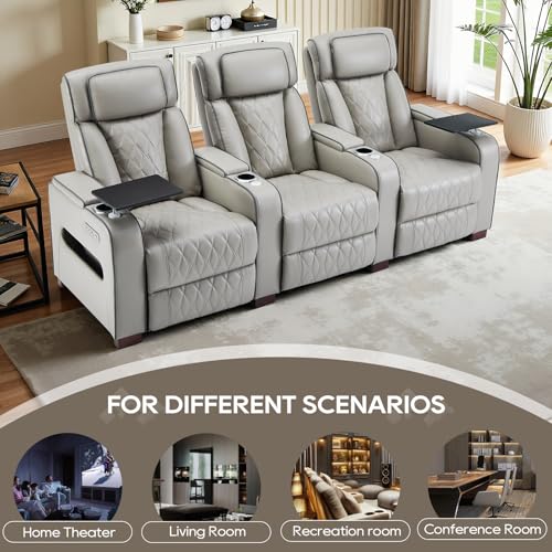 Image of Luxury Home Theater Seating - Power Recliner with Adjustable Headrests, Blue LED Ambient Lighting, Tray Table, USB & Type-C Charging (Grey, 3 Seat)