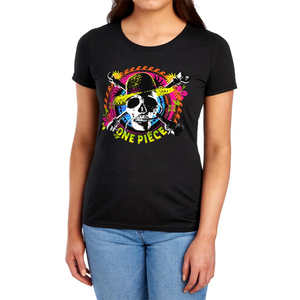 One Piece Jolly Roger Tropical Logo Womens T-Shirt, Black, XXL