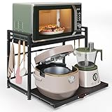 NETEL Erweiterbares mikrowellen Regal mit schublade,2 Stufig küchenregal arbeitsplatte,mikrowellenregal stehend,küchen Organizer mit 8 Haken,Schwarz