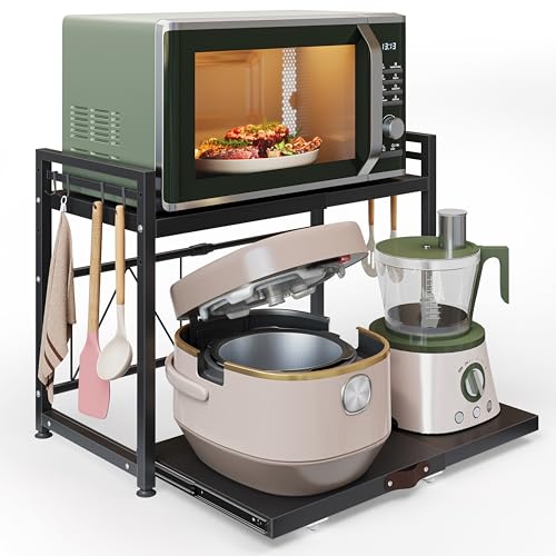 Image of NETEL Expandable Microwave Stand,2 Tier Metal Kitchen Countertop Organizer Shelves with 8 Hooks,Bakers Rack,Pull-Out Microwave Shelf,55lbs Weight Capacity,Black