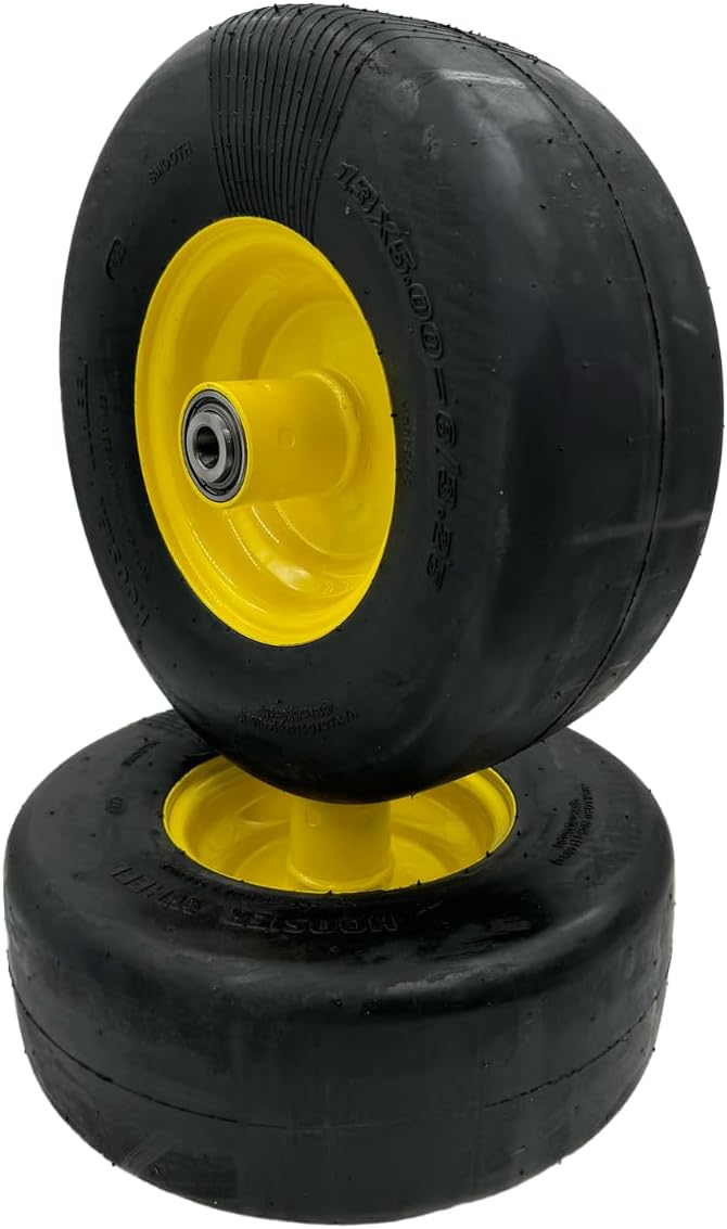 Set of 2-13x5.00-6 Flat Free Yellow Lawn Mower Wheel Assembly - 5/8 Inch Hub