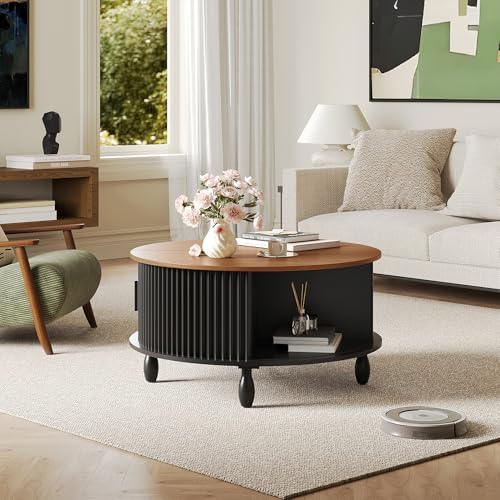 Cakhdry Round Coffee Table with Storage, 31.5\" Mid Century Modern Coffee Tables with 180° Sliding Door & Shelves, Small Dining Table Fluted Center Table for Living Room, Black