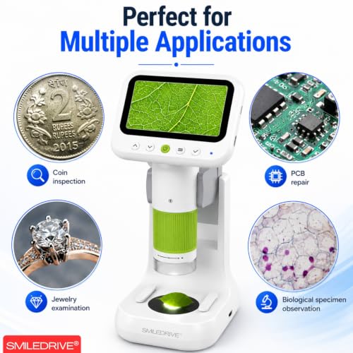 Image of SMILEDRIVE Digital Microscope with 1000X Magnification | 4.3 Inch Screen | USB PC Connectivity | 8 Led lights & 1 backlight | HD Photo & Video Recording | Handheld & Rechargeable | Dual light sources
