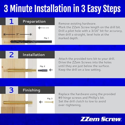ZZem Screw 4-pk - #9x3-Permanent Door Hinge Repair Kit - Easy Stripped Screw Hole Repair - Reinforce Door Hinges, Strike Plates and Door Jamb Repair - Repair Stripped Hinge Screws in Minutes!