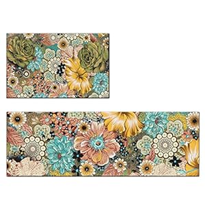 Boho Floral Kitchen Rug Set of 2 Colorful Flowers Anti Fatigue Non-Slip Kitchen Floor Mats Comfort Standing Bohemian Mat Waterproof Farmhouse Sink Laundry PVC Carpet(17.3 x 28 Inch+17.3 x 47 Inch)