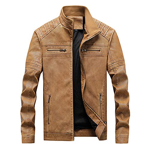 FEDTOSING Men's Faux Leather Jacket Vintage Motorcycle Biker Jacket Stand Collar Bomber Jackets (Khaki 2XL)
