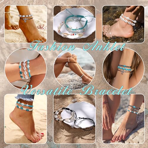 LOYALLOOK 10PCS Shell Turtle Ankle Bracelets Handmade Boho Anklet Jewelry Adjustable Natural Cowrie Shell Beach Bead Anklet for Women4