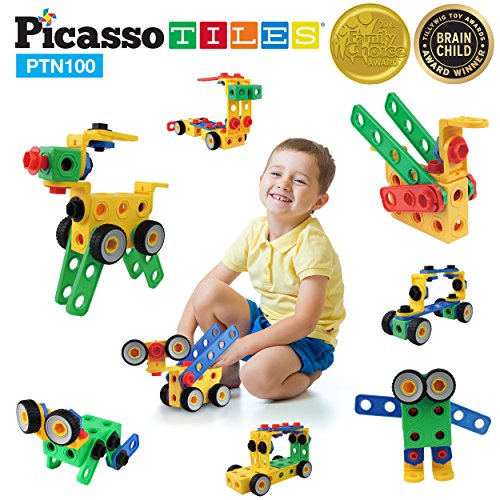 PicassoTiles Learning S.T.E.A.M. Engineering Toy Kit 100 Piece Building Block 3D Construction Stacking Set 100pc Educational Blocks w/Idea Book Included, Anchors, Motor Wheel, and Storage Box PTN100