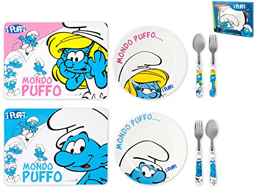 Home Schtroumpfs Set Assiette avec 2 Couverts, Mélamine, Multicouleurs, 4 Pièces