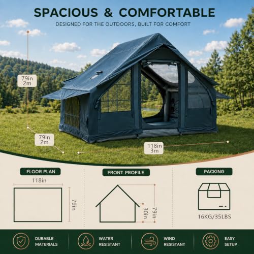 Carpa Inflable para Camping con Bomba de Aire Eléctrica - Carpa Cabina Inflable de Oxford 420D Resistente - Inflado Automático en 5 Minutos con Claraboya Panorámica y Chimenea para Camping 4 Estaciones (4-6 Personas) miniatura 7