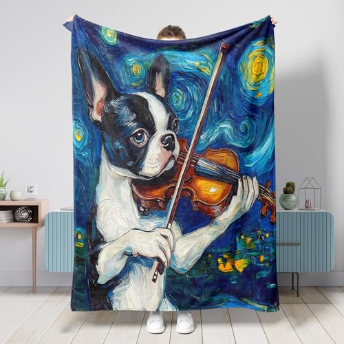 Couverture en flanelle douce et pelucheuse à motif de terrier de Boston pour canapé, sofa, voyage, animal de compagnie, chiot et chiot – 101,6 x 127 cm