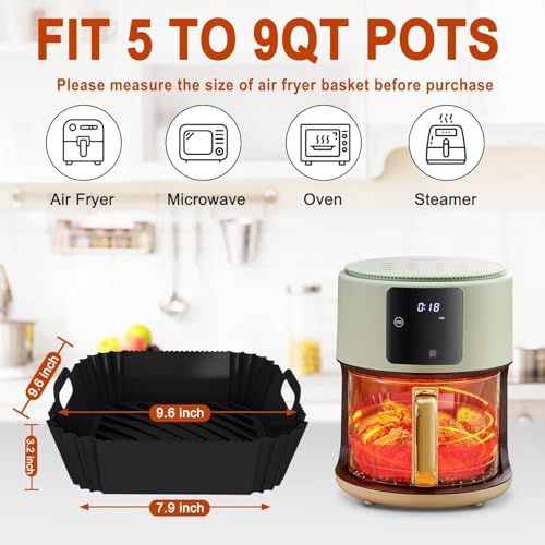Image of Large Silicone Air Fryer Liners Square 5-9 QT, 7.9 Inch Airfryer Liners Reusable 2 Pack Air Fryer Liners Pot Oven Liner Baking Tray, Air Fryer Basket Silicone Mat Bowl Air Fryer Accessories