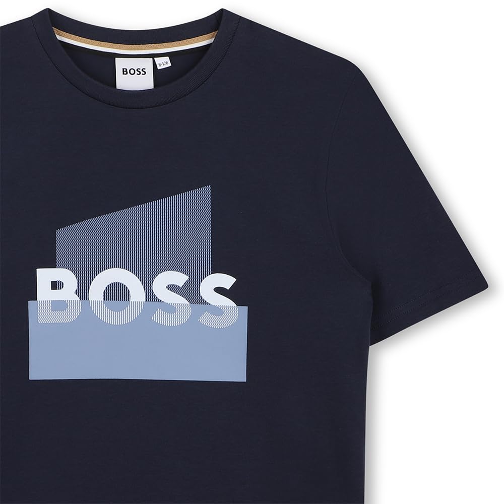 BOSS Playera para niño y Teen Color Azul Marino con Estampado Grande al Frente